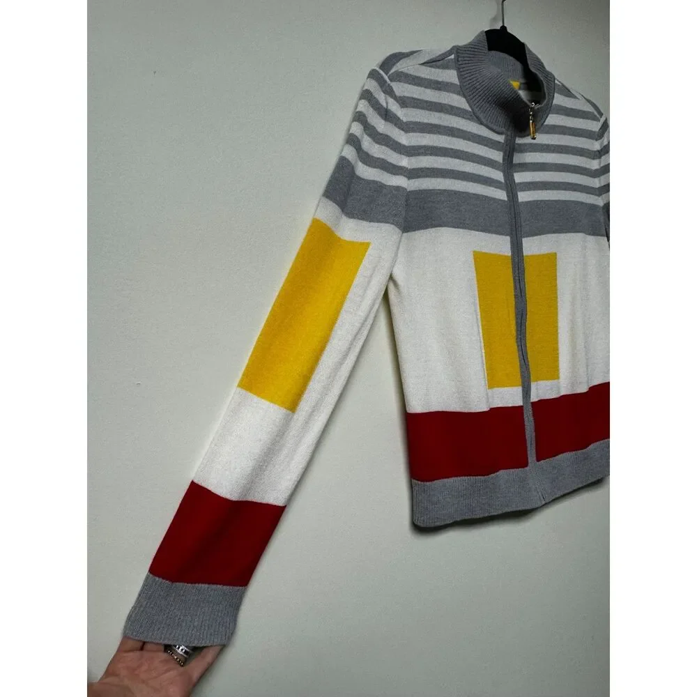 VINTAGE - ST. JOHN Nautical Mock Neck Zip Front Merino Wool Blend Sweater, S